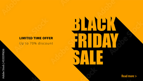 Website banner long shadow design for Black Friday Sale. Monochrome advertising minimalistic flyer template, promotional banner black and yellow color. Limited time offer, Up to 70 percent discount