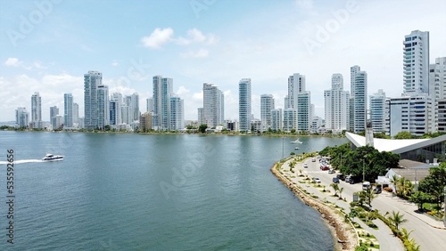 Colombia , Cartagena de Indias - Drone aerial view of t the new modern district Bocagrande with  skyscrapers and luxury home - Unesco Heritage world in Caribbean Sea ocean - tourist destination  © andrea