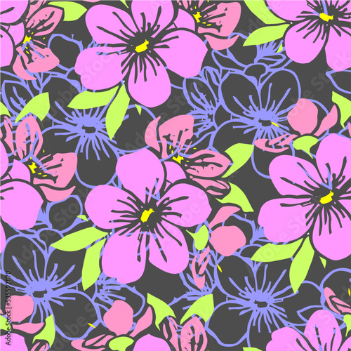 seamless pattern of pink silhouettes and blue contours of flowers on a gray background  texture  design