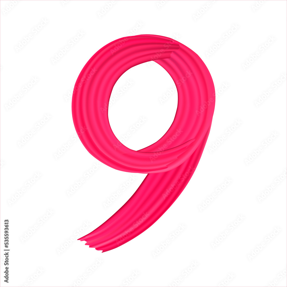 Number 9 of realistic red paint brush strokes. Numbers isolated on a white background. Number nine written smears by red paint. Number 9 of realistic red paint brush strokes. Numbers isolated on a white background. Number nine written smears by red paint.