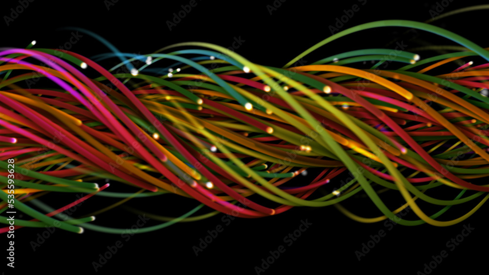 3D rendering of a colorful abstract background of strings, lines, ribbons, fibers or wires 3D rendering of a colorful abstract background of strings, lines, ribbons, fibers or wires