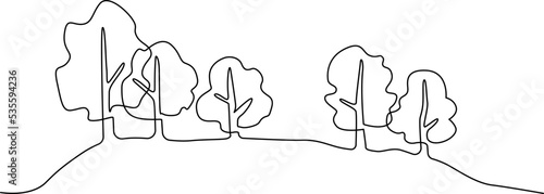 Landscape park with path and trees. Continuous line drawing illustration. Vector