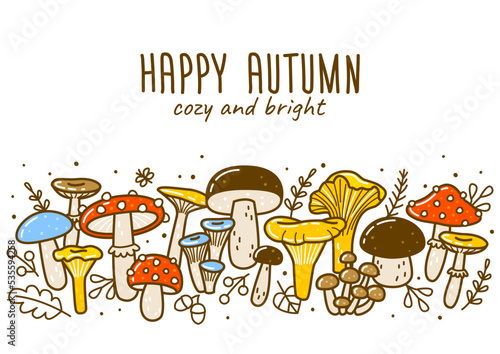 Cute cartoon mushrooms horizontal border for Your autumn design
