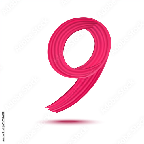 Number 9 of realistic red paint brush strokes. Numbers isolated on a white background. Number nine written smears by red paint. Vector EPS 10