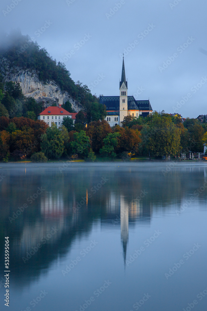 Fototapeta premium Lake Bled, Slovenia at dawn in fog
