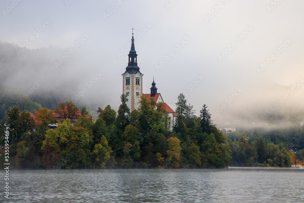 Lake Bled, Slovenia at dawn in fog Lake Bled, Slovenia at dawn in fog