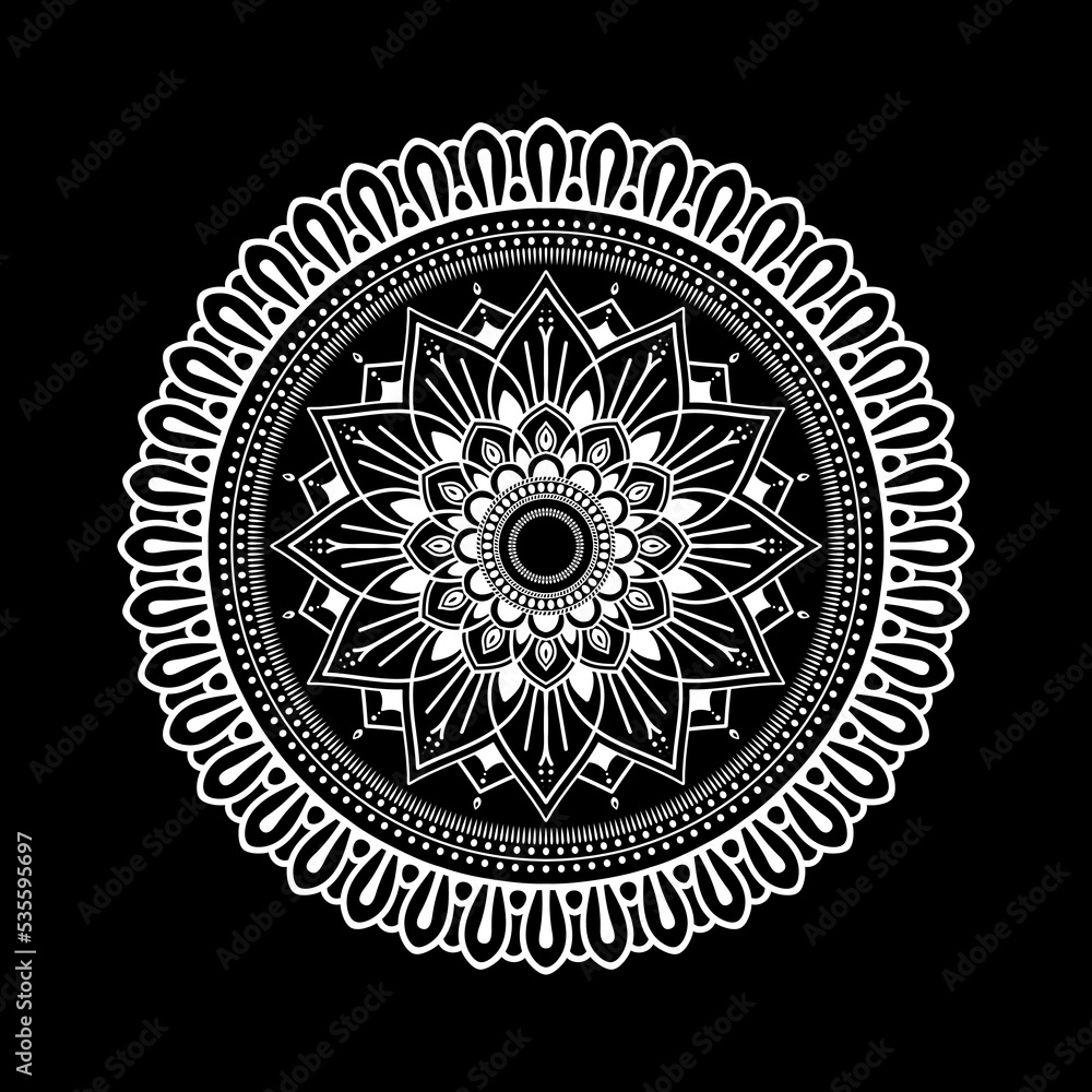 White mandala on black background, Pattern Stencil Doodles Sketch, Round ornament patterns for Henna, Mehndi, Tattoo