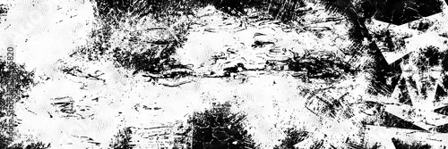 Abstract of damaged and grunge engraved halftone shapes and lines in textured monochrome grunge line art background, smear banner paper with blob paint in white and black	