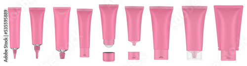 Set of pink tubes and bottles. Roller ball tube. Open and closed blank tubes with screw cap. Realistic mockup. Long nozzle tube. Ointment or salve. Gel serum. Korean packaging