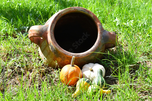 Autumn composition. A clay jar on the ground and pumpkins next to it. Autumn, fall, Halloween, Thanksgiving concept. Copy space.