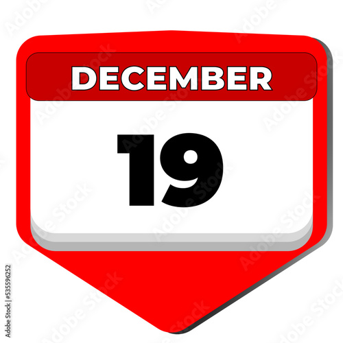 19 December vector icon calendar day. 19 date of December. Nineteenth day of December. 19th date number. 19 day calendar. Nineteen date. Vector illustration