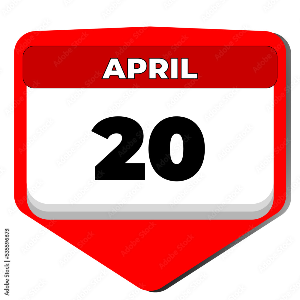 20 April vector icon calendar day. 20 date of April. Twentieth day of April. 20th date number. 20 day calendar. Twenty date. National High Five. Vector illustration 20 April vector icon calendar day. 20 date of April. Twentieth day of April. 20th date number. 20 day calendar. Twenty date. National High Five. Vector illustration