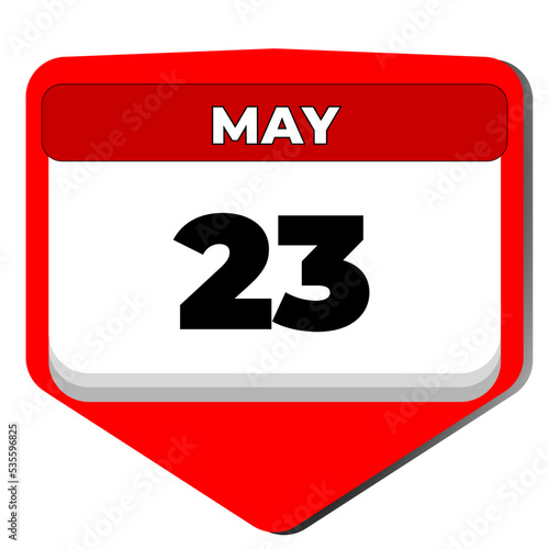 23 May vector icon calendar day. 23 date of May. Twenty third day of May. 23th date number. 23 day calendar. Twenty three date. World Turtle. Vector illustration