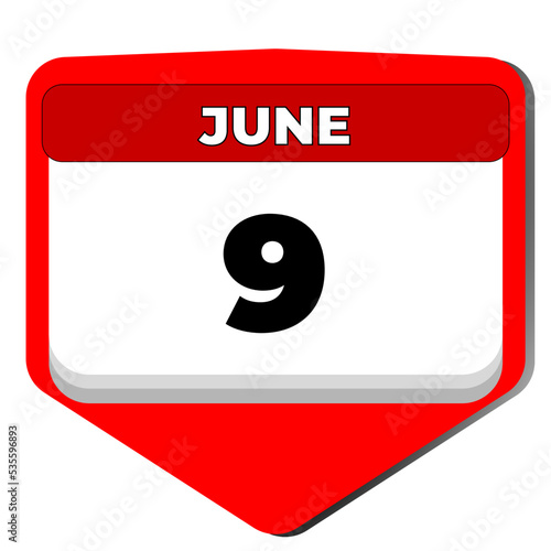 9 June vector icon calendar day. 9 date of June. Ninth day of June. 9th date number. 9 day calendar. Nine date. National Heroes in Uganda. Vector illustration