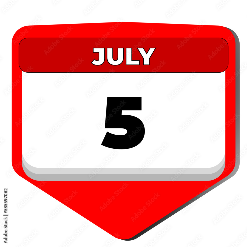 5 July vector icon calendar day. 5 date of July. Fifth day of July. 5th date number. 5 day calendar. Five date. Algeria independence, Venezuela independence. Vector illustration 5 July vector icon calendar day. 5 date of July. Fifth day of July. 5th date number. 5 day calendar. Five date. Algeria independence, Venezuela independence. Vector illustration