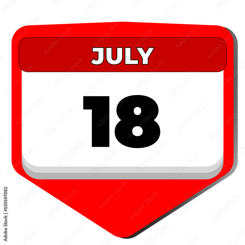 18 July vector icon calendar day. 18 date of July. Eighteenth day of July. 18th date number. 18 day calendar. Eighteen date. International Nelson Mandela. Vector illustration