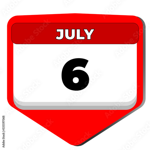 6 July vector icon calendar day. 6 date of July. Sixth day of July. 6th date number. 6 day calendar. Six date. Egypt Revolution, World Zoonoses, Malawi Independence. Vector illustration