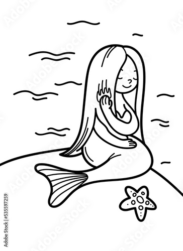 Vector illustration of a mermaid sitting on a rock in the sea. Coloring page with a fairy-tale character combing his hair.