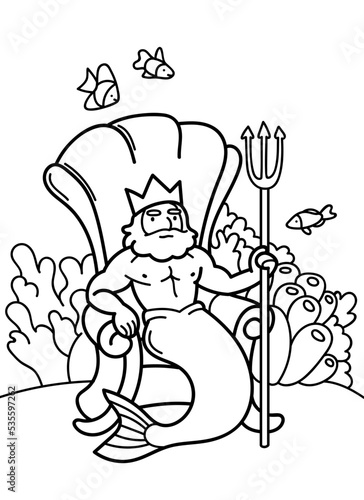 Vector illustration with Neptune on the throne. Coloring page with a fairy-tale character under water. The Sea King.