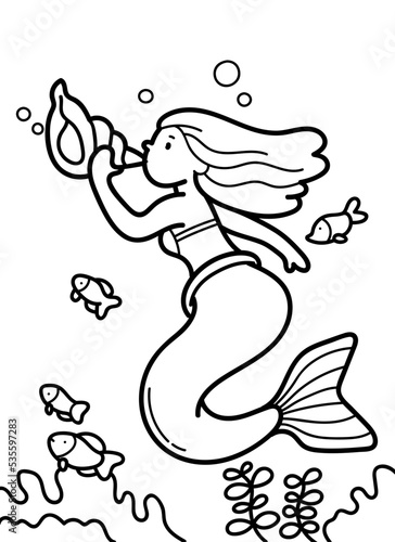 Vector illustration of a mermaid blowing into a shell. Coloring book with a fairy-tale character swimming in the sea.