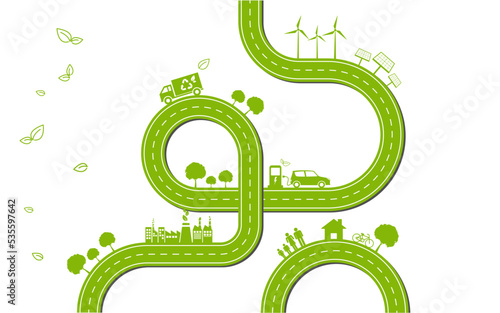 Green road and city for Sustainability development and alternative energy concept, Template background with copy space Vector illustration