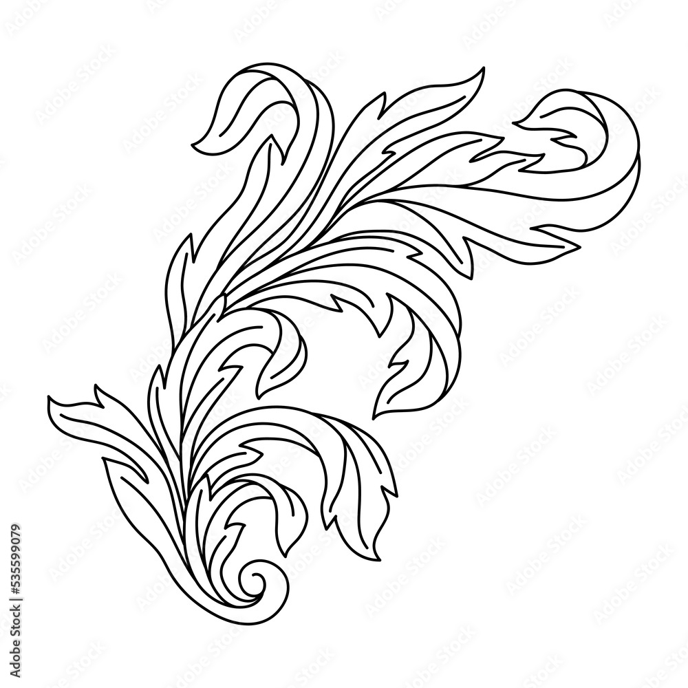 Fototapeta premium Decorative floral element in baroque style. Engraved black curling plant.