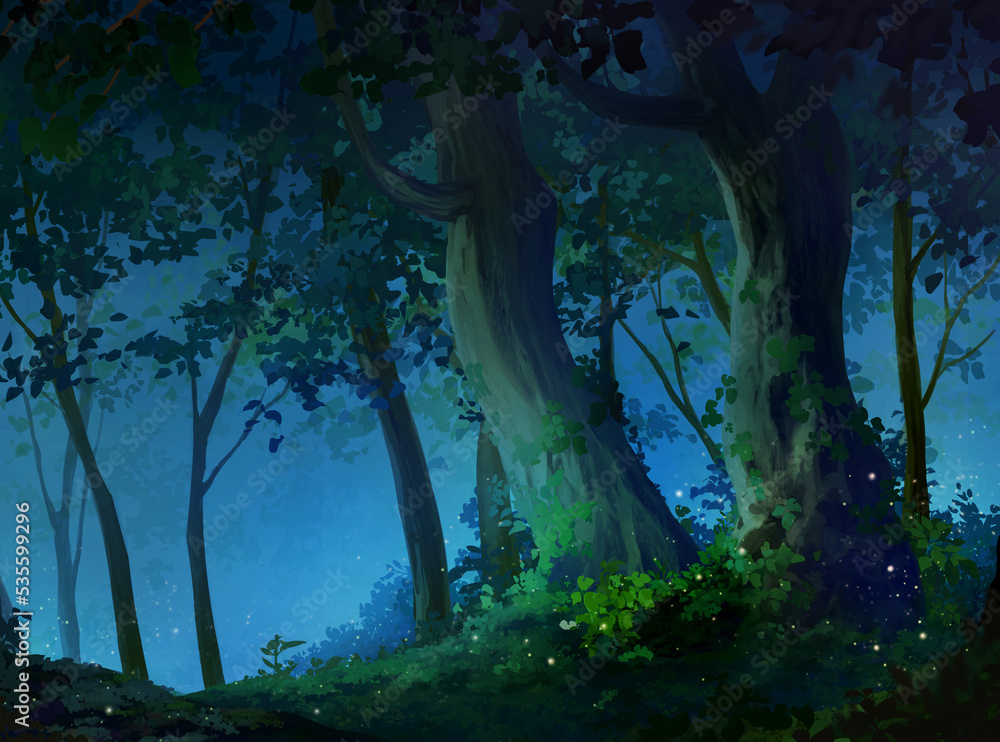 Mystery forest- Night, Anime background, Illustration. Stock Illustration |  Adobe Stock