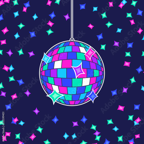 Illustration of disco ball. Mirror glitter sphere with reflecting surface. Image for party flyer.