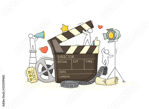 Cinema with people, clapperboard, film strip