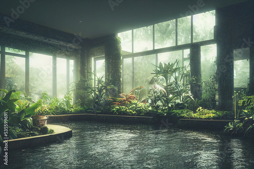 Beautiful indoor garden filled with plants and waterways. 3d render photorealistic © Fokasu Art
