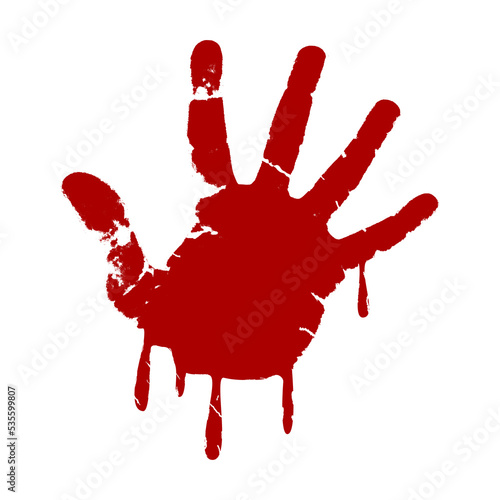 Bloody hand print with dripping blood. Red palm imprint with drops of blood. Scary Halloween concept. Victim of violence. Horror movie idea. Crime investigation scene. Vector illustration, clip art. 