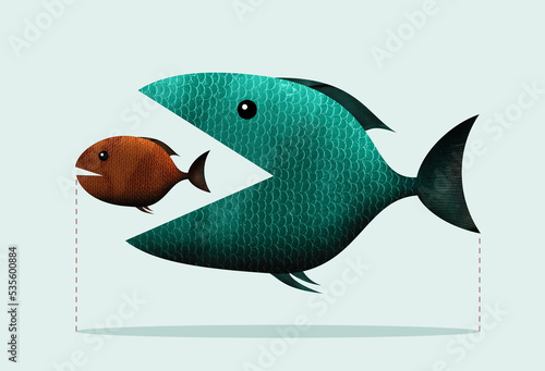 Photography Big fish eats small, takeover of the company. Art collage.
