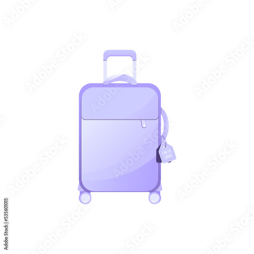 Purple suitcase on wheels with tag isolated on white background. Travel, summer holidays, booking, planning a vacation and tourism concept. Large textile travel baggage case