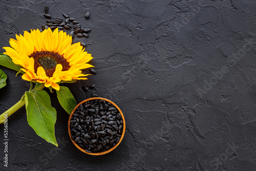 Yellow sunflowers with black seeds. Top view. Harvest season background