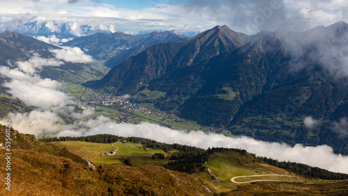 Autumn alpine landscape with a panoramic view of the mountains. Austria  Salzburg  Gastein Valley