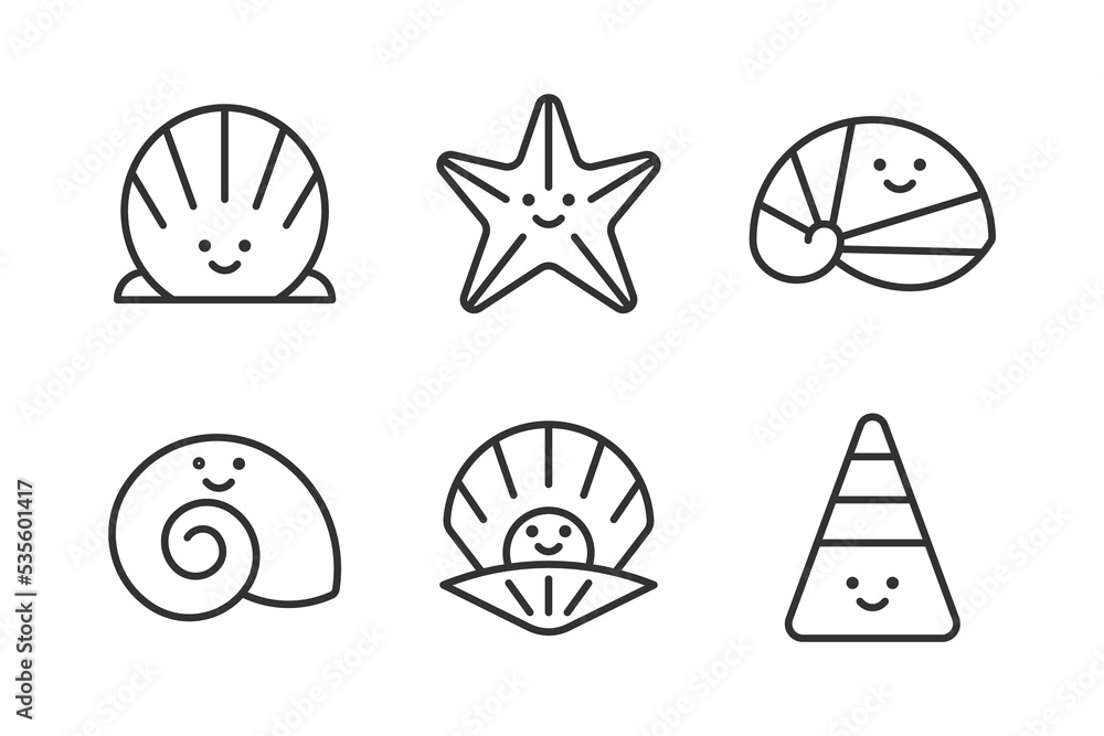 Seashell line icon set. Cute shells vector collection with smiling faces. Editable stroke. Seashell line icon set. Cute shells vector collection with smiling faces. Editable stroke.