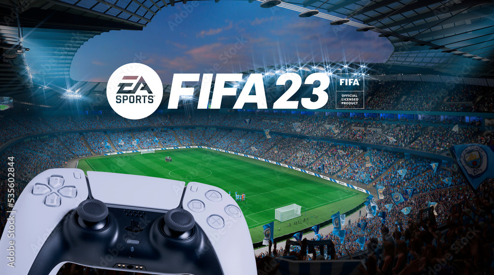 Playstation 5 controller and FIFA 23 logo at TV screen, 4 oct, 2022, Sao  Paulo, Brazil Stock Photo