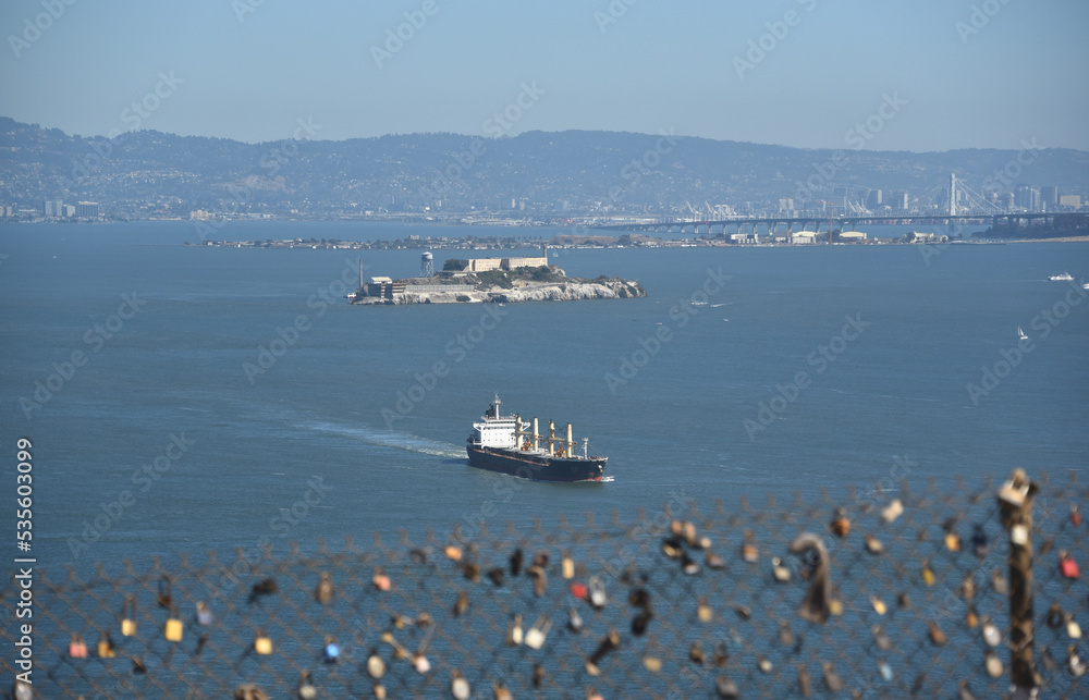 California- Large Format Panorama of San Francisco Bay With Alcatraz Island and Freighter
