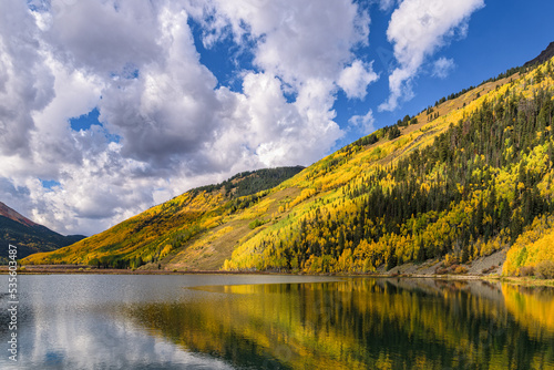 Beautiful Autumn Color in the Colorado Rocky Mountains. Reflections on Crystal Lake near Ouray, Colorado.
