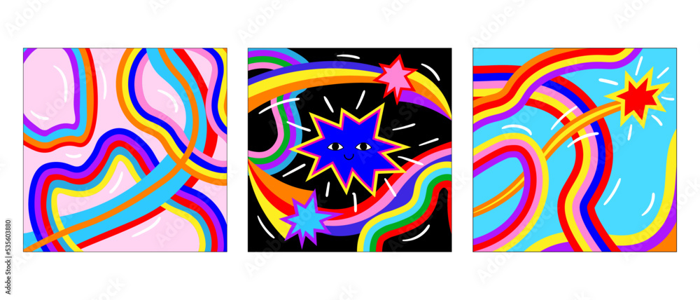 Collection of vector weird festive colorful card. Crazy psychedelic poster on Christmas. Hippie psychedelic and funky vibes 1960 and 1970. Vector collection of interior square posters