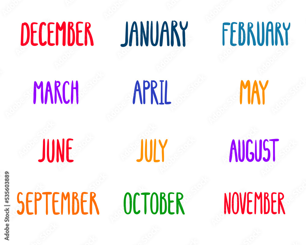 Vector set of hand drawn lettering of months of the year. Lettering for planer stickers. Inscription of calendar months Vector set of hand drawn lettering of months of the year. Lettering for planer stickers. Inscription of calendar months
