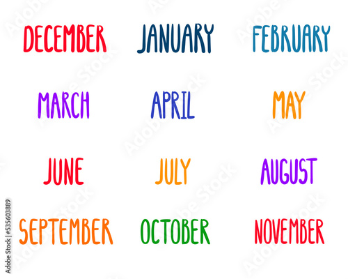 Vector set of  hand drawn lettering of months of the year. Lettering for planer stickers. Inscription of calendar months