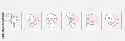 Icons of the button on the topic of psychological help, the brain, a call to a hotline, support in a difficult situation, an appointment with a doctor. The buttons are three-dimensional with a shadow