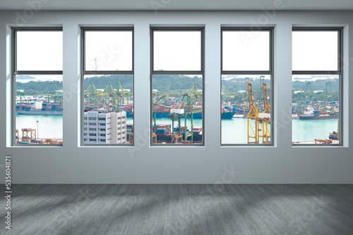 Empty room Interior Skyscrapers View. Downtown Singapore City Skyline Buildings from High Rise Window. Beautiful Expensive Real Estate overlooking. Day time. 3d rendering. © VideoFlow