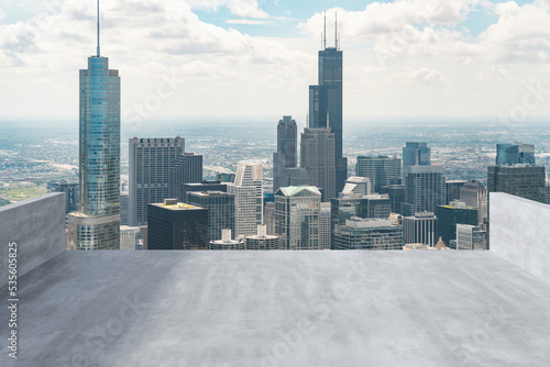 Skyscrapers Cityscape Downtown  Chicago Skyline Buildings. Beautiful Real Estate. Day time. Empty rooftop View. Success concept.