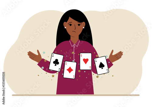 Woman holding playing cards cards. Playing combination of 4 aces or four of a kind.
