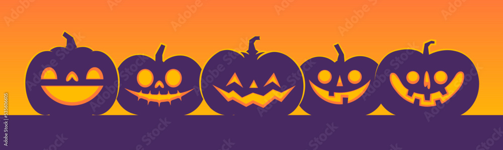 Halloween banner horizontal design with Jack o Lantern carved pumpkins. Simple cartoon spooky design. Trick or treat.