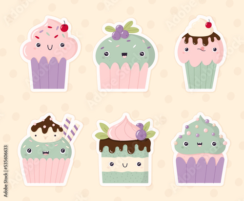 Kawaii cupcakes with cream and berries. Vector set of cute cartoon cakes
