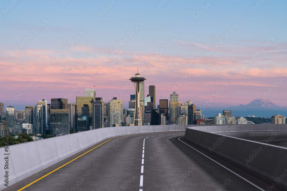 Fototapeta premium Empty urban asphalt road exterior with city buildings background. New modern highway concrete construction. Concept way to success. Transportation logistic industry fast delivery. Seattle. USA.