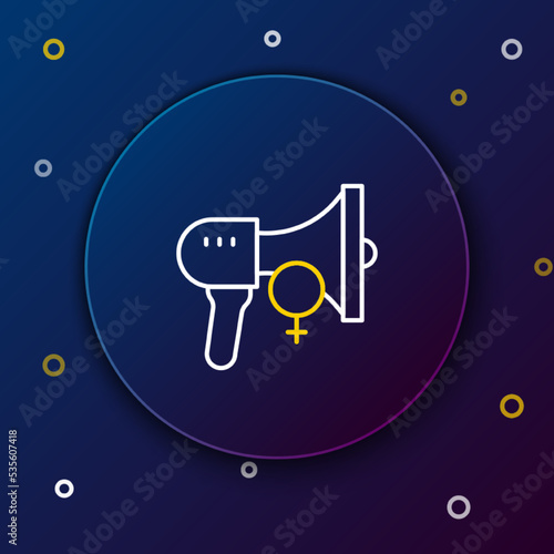 Line Female movement, feminist activist with banner and placards icon isolated on blue background. Feminist rights movement, feminism sisterhood. Colorful outline concept. Vector